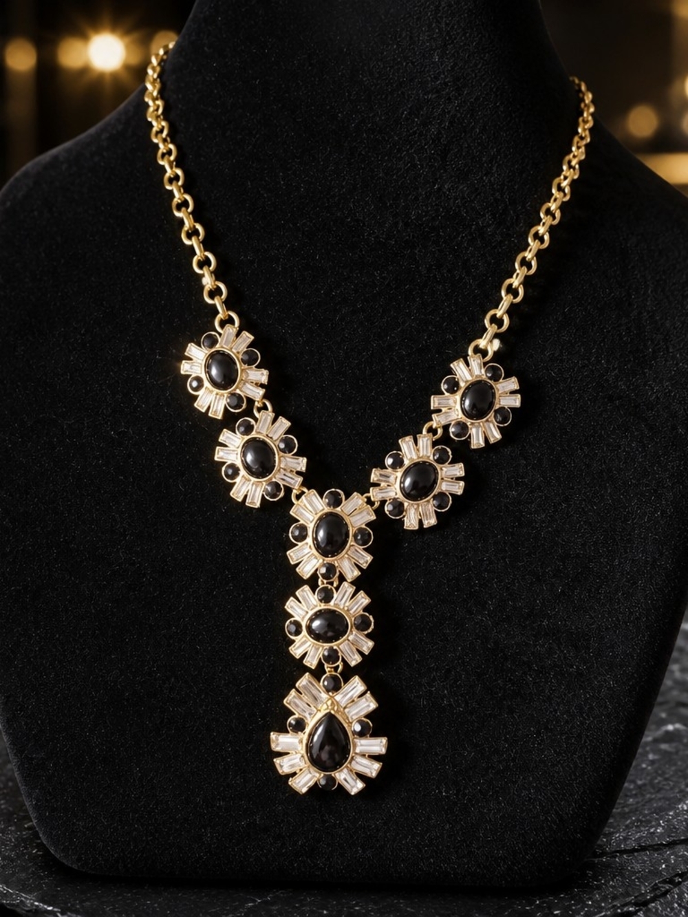 Elegant Gold-Tone Necklace with Black Stone Accents